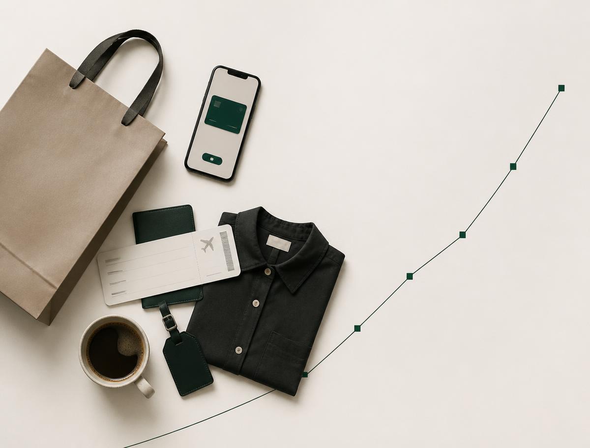 Everyday purchases — a shopping bag, phone, travel ticket, folded shirt and coffee — beside a rising green ownership line