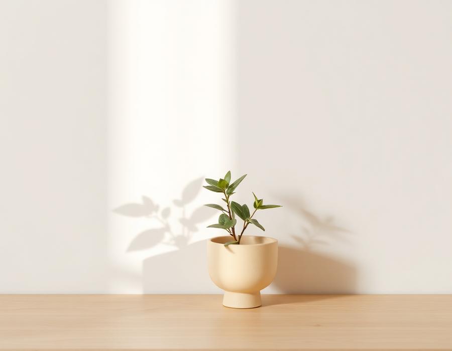 A small potted plant in warm sunlight